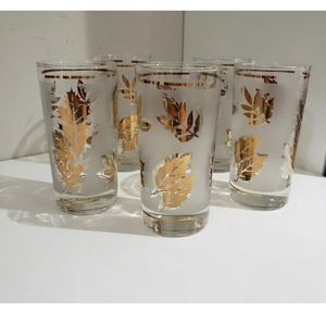Vintage Gold Leaf Glass Set Libbey Highball Frosted Set of 5